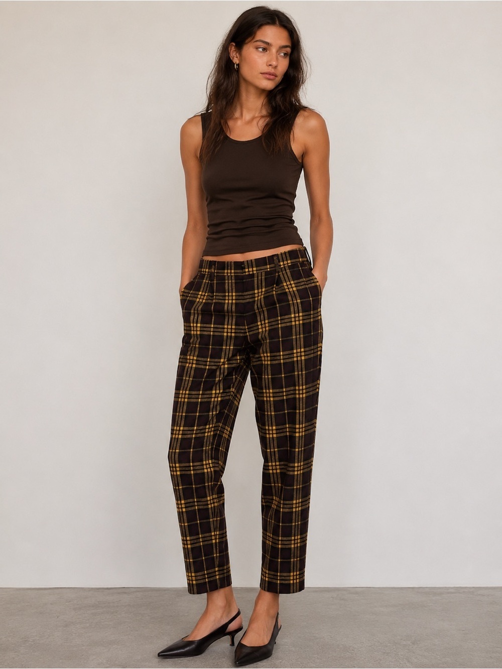 Aritzia Wilfred Womens Darontal Yellow Brown Plaid Pants Size 6 Elastic Waist